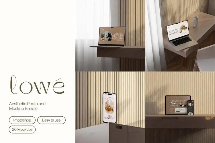 Lowe – Minimal Mockup Bundle  20款优雅北欧风室内场景苹果MacBook电脑iPad平板iPhone 14手机屏幕演示PSD样机模板
