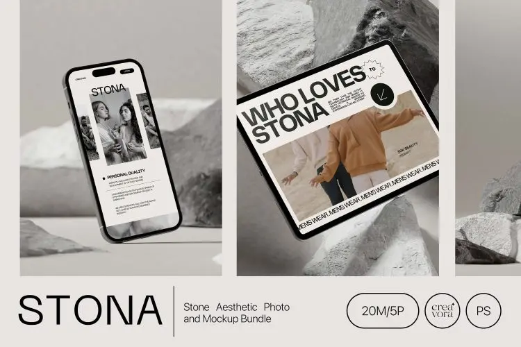 Stona – Minimal Mockup Bundle  20款iPhone手机iPad平板电脑名片单页设计作品贴图ps样机素材模板