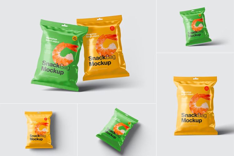 Snack Bag Packaging Mockups 零食薯条包装袋模型品牌展示设计贴图ps样机素材模板