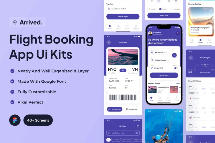 Arrived – Flight Booking App Ui Kits  40国外屏航班预订平台应用程序手机app用户界面设计ui套件模板