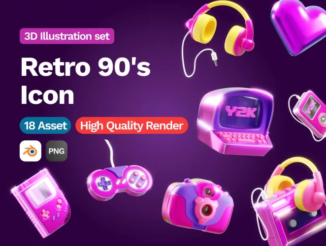 3D Retro 90s Icon  18款90年代Y2K复古3D数码产品游戏机潮流插图插画webp免抠图片素材