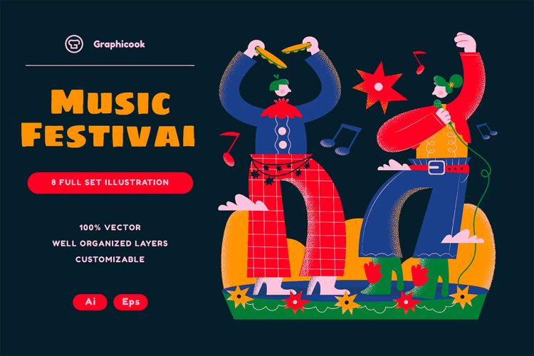 Black Flat Design Music Festival Illustration Set 音乐节派对人物演奏欢唱矢量扁平插图插画图片设计素材百度云免费下载