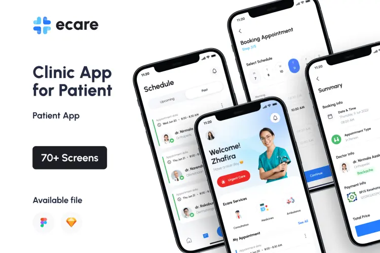 Ecare Clinic Application for Patient  70+屏医疗在线就诊医院挂号软件APP界面设计Figma&Sketch模板素材