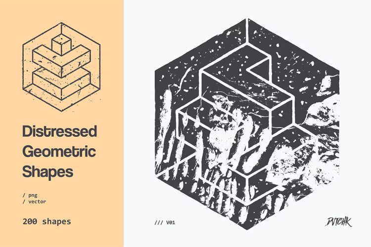 Distressed Geometric Shapes V01  200个等距六边形矛盾空间几何图形砂砾磨损透纹理Ai矢量设计素材