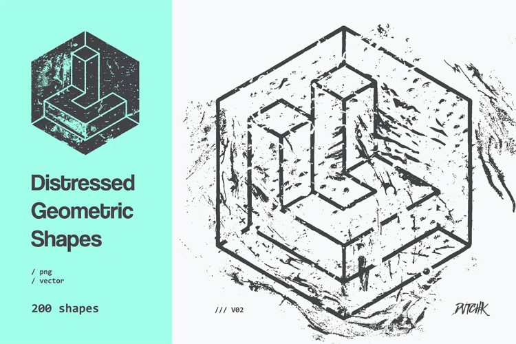 Distressed Geometric Shapes V02  200个等距六边形矛盾空间几何图形砂砾磨损透纹理Ai矢量设计素材