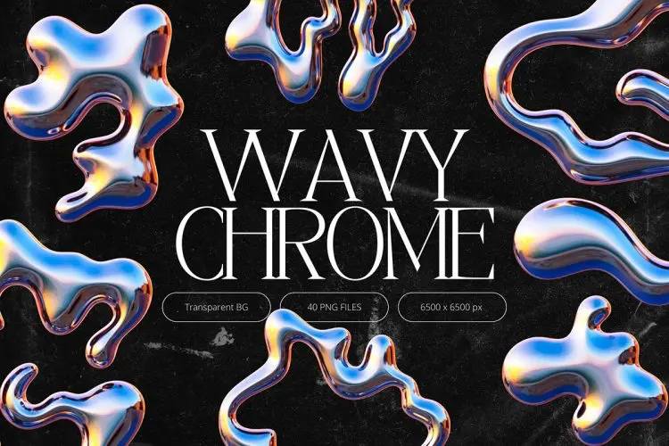 3D Wavy Chrome Typeface  40款未来科幻3D波浪扭曲潮流镀铬金属字母数字webp免抠图片素材