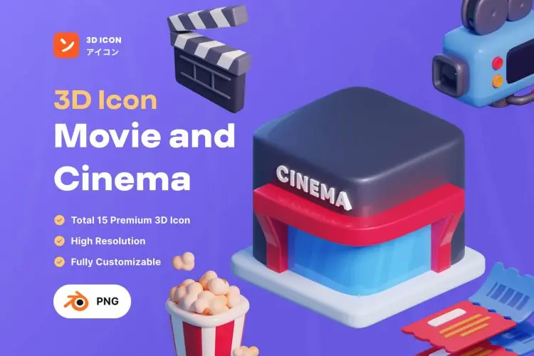 Movie & Cinema 3D icon Pack  15款趣味卡通3D立体电影院剧院观影演出插图插画webp免抠图片素材