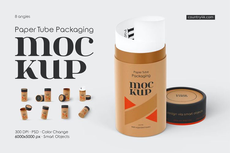 Paper Tube Packaging Mockup Set  8款圆形牛皮纸收纳圆筒纸筒包装设计贴图ps样机素材展示效果图