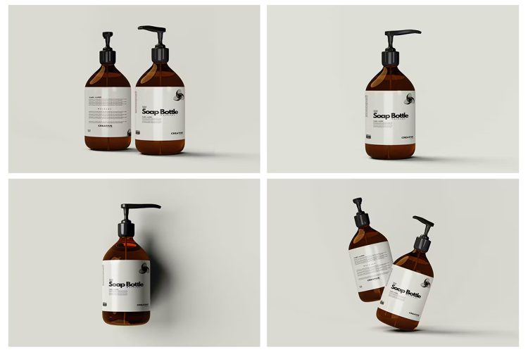 Liquid Soap Bottle Mockup 洗发水洗涤剂按压瓶模型瓶身包装logo标识设计贴图ps样机素材模板