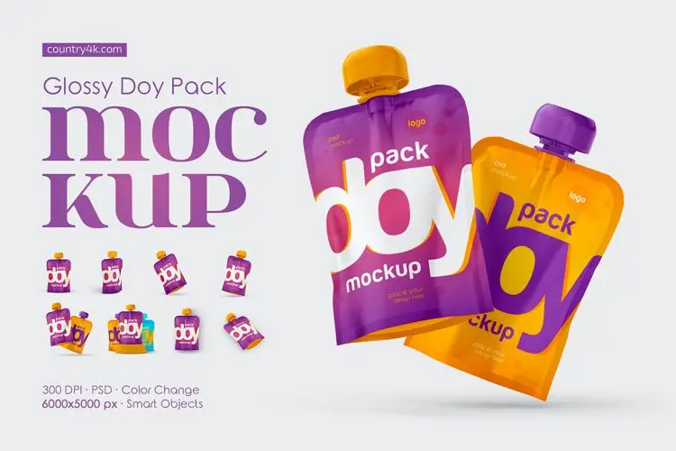 Glossy Doy Pack Mockup Set 果汁饮料果冻自立吸嘴袋模型包装设计贴图ps样机素材模板