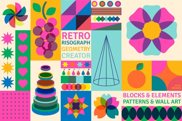 Retro Risograph Geometry Creator 复古多彩几何图形花朵无缝图案印刷贴纸包装矢量元素设计素材