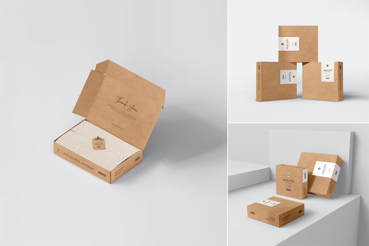 Paper Mailing Box Packaging Branding Mockup Set 牛皮纸快递包裹飞机盒品牌包装设计贴图ps样机素材模板