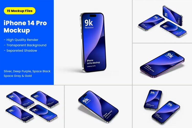 iPhone 14 Pro Mockup 3.0 手机模型屏幕展示设计贴图ps数码样机素材模板15PSD