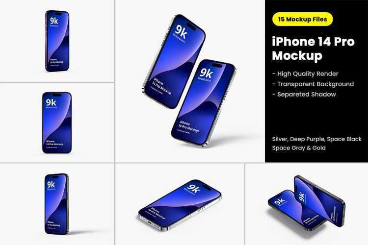 iPhone 14 Pro Mockup 5.0 手机模型屏幕展示设计贴图ps数码样机素材模板15PSD