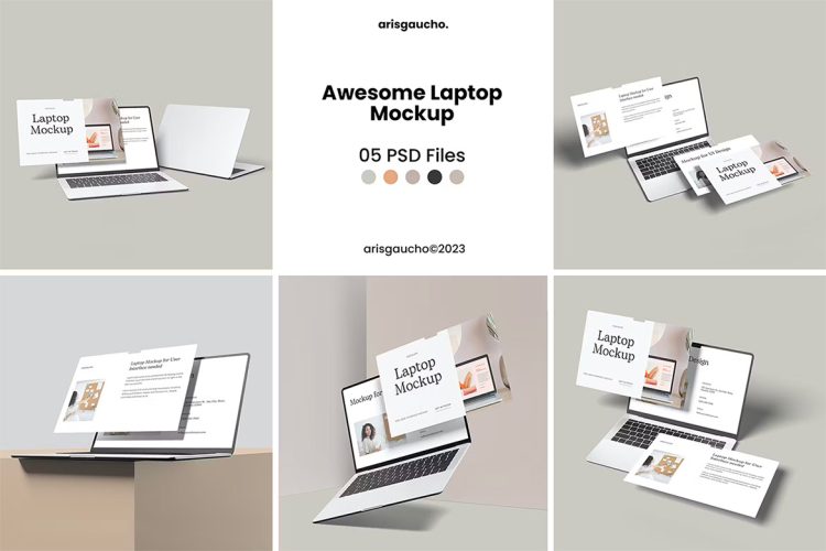 Awesome Laptop Mockup 笔记本电脑屏幕用户界面ui设计作品展示贴图ps样机素材模板