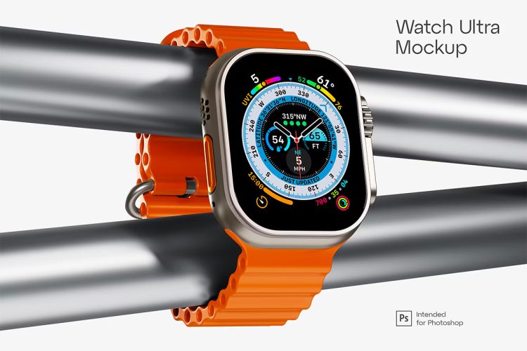 Apple Watch Ultra Mockup 苹果Apple Watch Ultra智能手表用户操作界面ui设计展示贴图ps样机素材模板