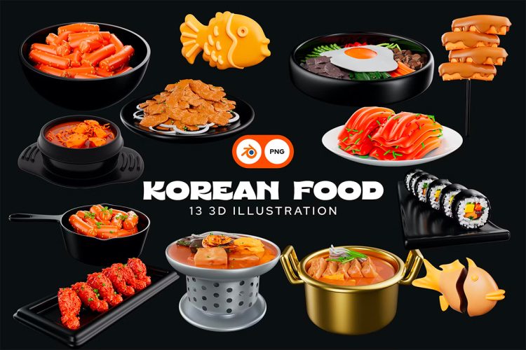 Korean Food 3D Illustration Pack  13款韩国传统美食料理3D插图插画png免抠图片设计素材