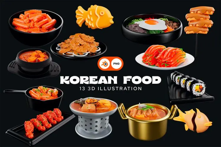 Korean Food 3D Illustration Pack  13款韩国传统美食料理3D插图插画webp免抠图片设计素材