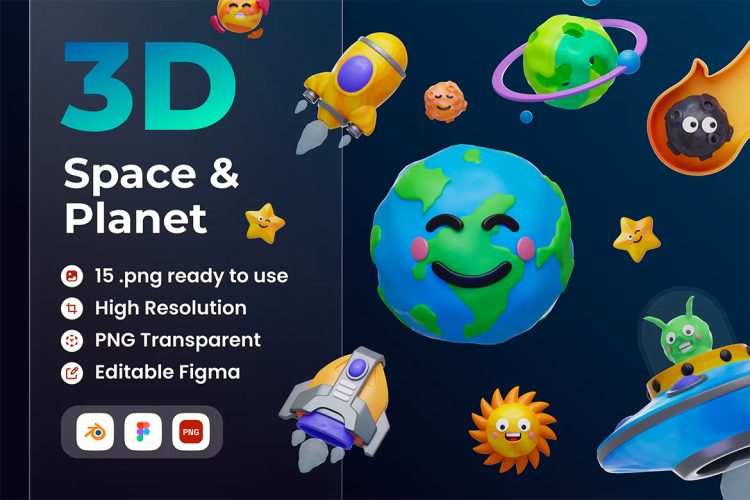 Space and Planet 3D Illustration  15款趣味卡通太阳系行星宇宙飞船火箭3D插图插画图片png免抠图设计素材
