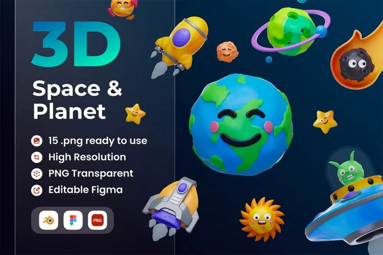 Space and Planet 3D Illustration  15款趣味卡通太阳系行星宇宙飞船火箭3D插图插画图片webp免抠图设计素材