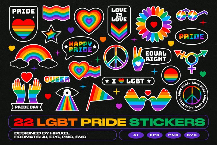 22 LGBT Pride Rainbow Stickers 炫酷平面扁平彩虹贴纸剪切画矢量插图设计素材