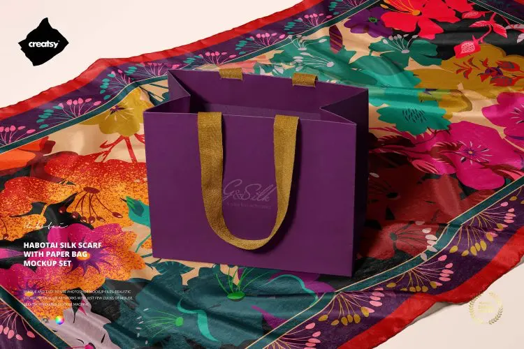 Habotai Silk Scarf with Paper Bag Mockup  5款丝绸真丝围巾丝巾面料手提袋购物纸袋ps样机素材展示效果图