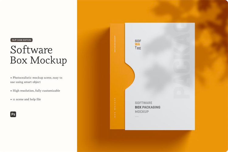 Software Box Mockup Slip Case Edition 录像卡带软件滑套收纳盒品牌包装设计贴图ps样机素材模板