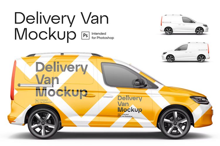 Delivery Van Mockup 运输货车车身品牌标识装饰广告展示设计智能贴图ps样机素材模板