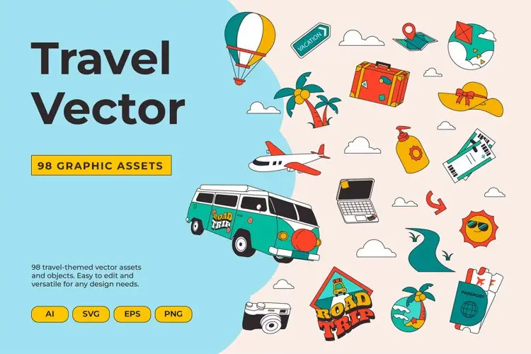 Travel Icons and Sticker Vector Assets  98款旅游出行度假主题扁平贴纸插图插画图片平面设计矢量素材
