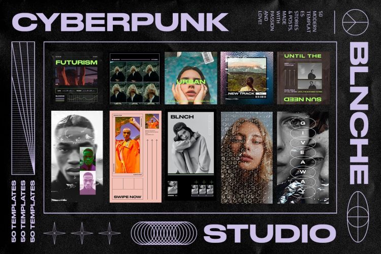 CYBERPUNK Instagram Templates  25款潮流复古酸性赛博朋克ins公众号推文海报排版设计ps版式模板