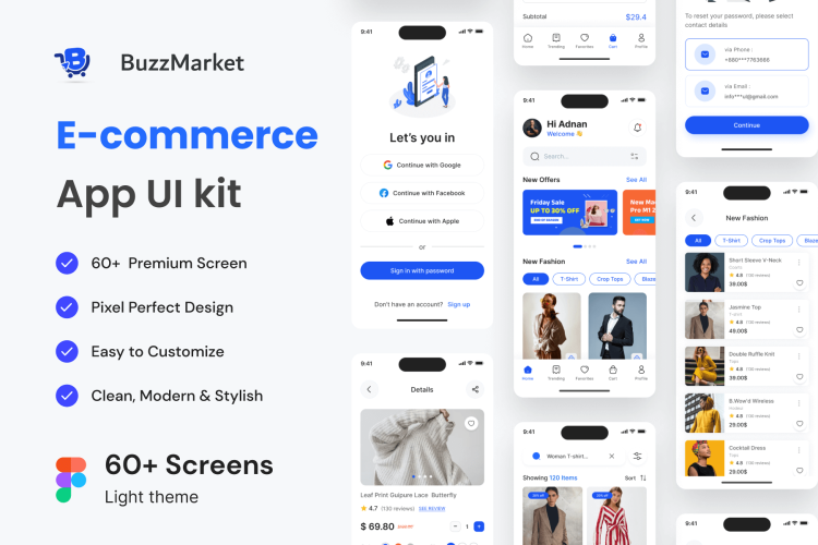 E-commerce Mobile App UI Kit  130+时尚电子商务在线购物商城APP界面设计Figma模板设计素材套件