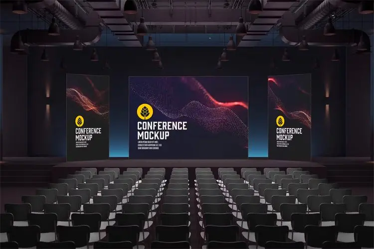 Presentation Hall Mockup 产品发布会论坛讲座演示大厅荧屏展览展示设计贴图ps样机素材模板