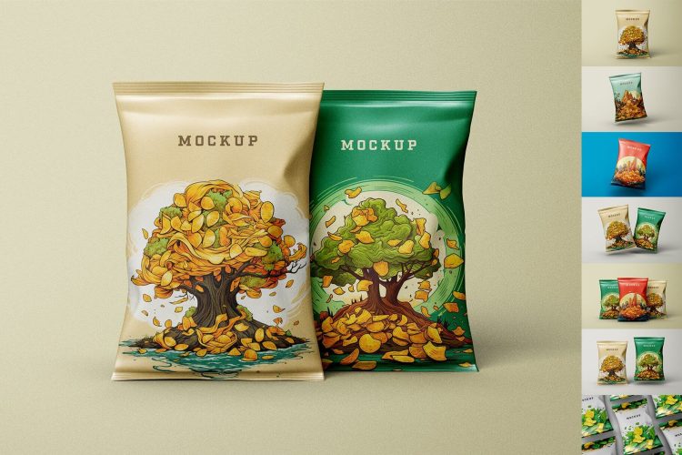 Chips Package Mockup  8款薯片膨化食品零食包装袋产品包装设计作品贴图ps样机素材模板