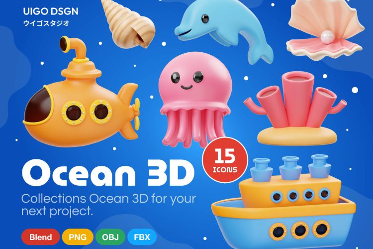 Ocean 3D Icon  15款卡通有趣海洋鱼类生物渔船3D插图插画图标Icons设计素材包