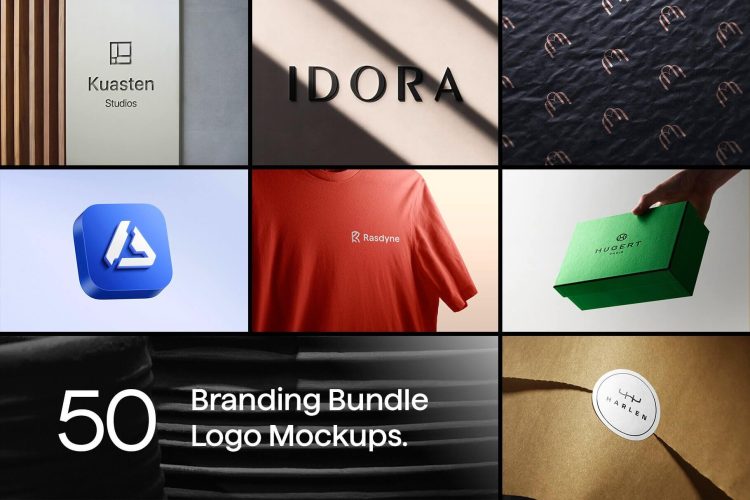 50 Logo Mockup Branding Bundle – V5  50款发光字店招logo海报包装服装吊牌品牌VI应用ps样机素材模板