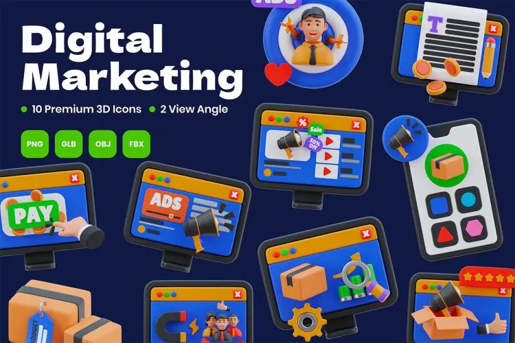 Digital Marketing 3D Icon 20款高级时尚市场营销搜素引擎市场分析3D图标Icons设计素材包