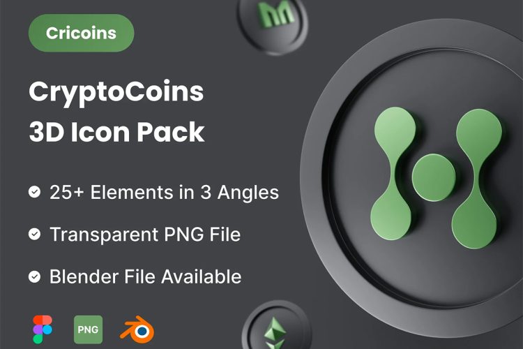 Cricoins – Cryptocoins 3D Icon Pack  25+款工业风数字加密货币比特币3D图标Icons设计素材合集