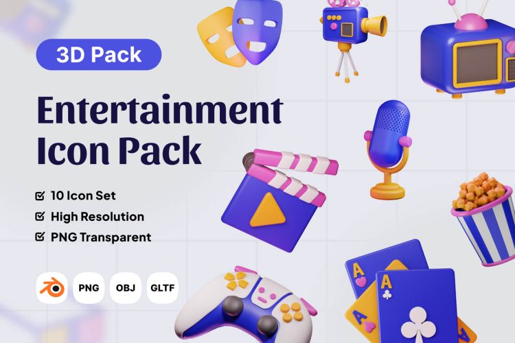 Entertainment 3D Icon Pack  10款高级影视娱乐卡拉OK唱歌音乐3D插图图标Icons设计素材合集