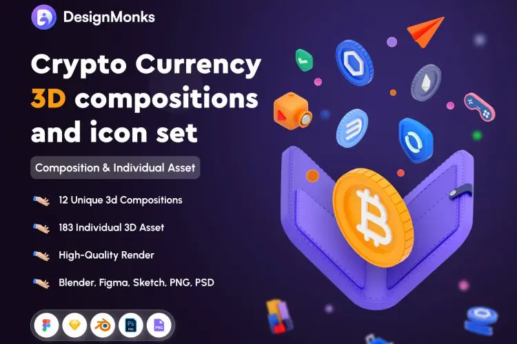 Crypto Currency 3D compositions and icon set  183款数字金融区块链加密货币3D图标icon设计素材webp免抠图片