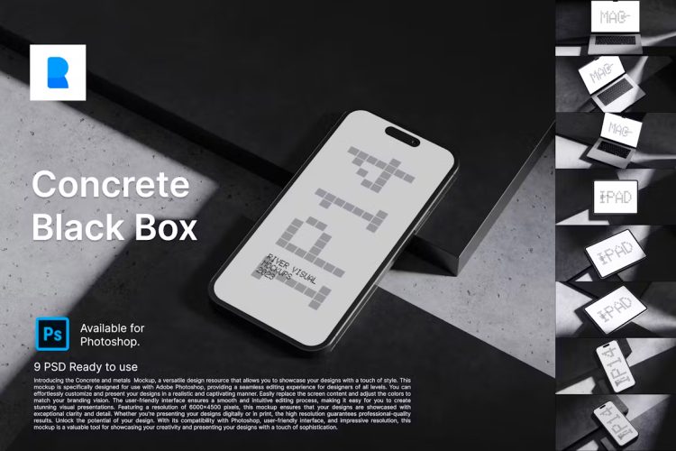 Concrete Black Box  9款工业风混凝土背景苹果iPhone 14 Pro屏幕演示贴图PSD样机模板素材