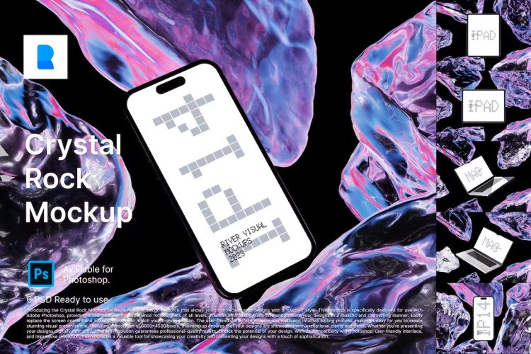 Crystal Rock Mockup  6款水晶宝石3D立体背景苹果iPhone 14 Pro屏幕演示PSD样机模板