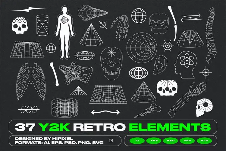 37 Y2K Retro Elements  37款Y2K复古赛博朋克地形空间元素人体组织矢量酸性线框几何图形webp免抠图片
