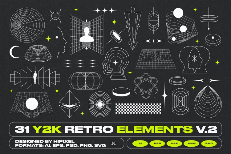 31 Y2K Retro Elements V.2  31款Y2K复古赛博朋克酸性线性几何图形元素矢量设计素材