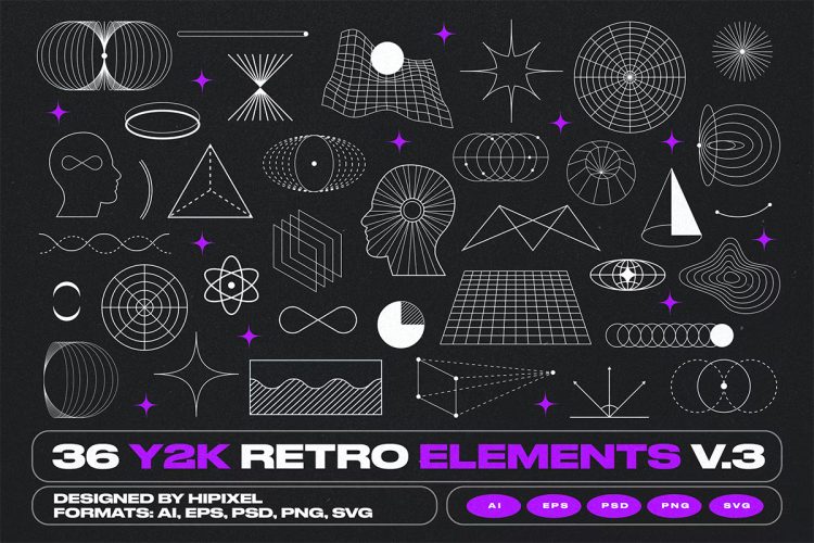 36 Y2K Retro Elements V.3  Y2K复古抽象酸性赛博朋克线性几何图形矢量平面设计素材
