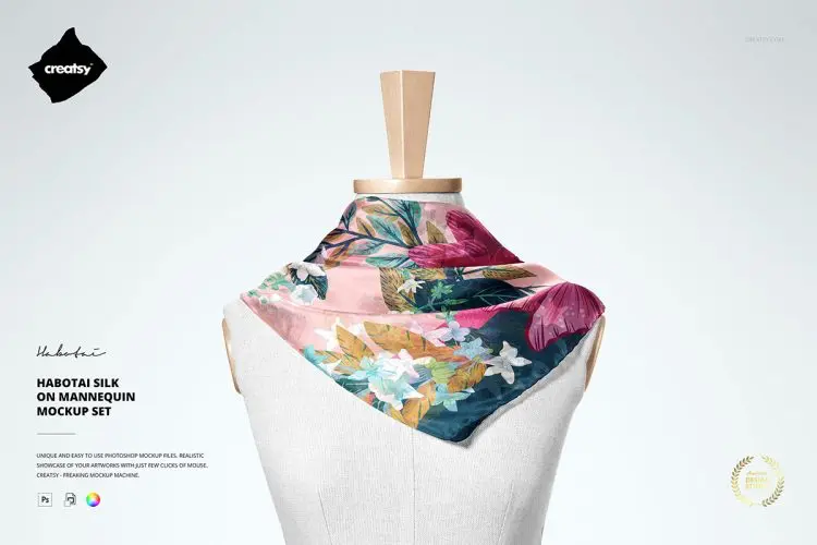 Habotai Silk Scarf Mannequin Mockup  4款丝绸真丝围巾小方巾丝巾披肩图案贴图ps样机素材展示效果图