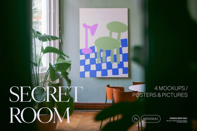 Secret Room Mockup Bundle  4款居家客厅装饰挂画艺术海报画芯设计ps样机素材场景展示效果图