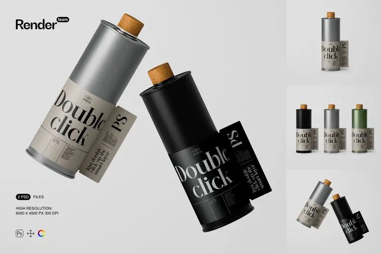 Oil Metal Bottle Mockup 时尚复古金属密封罐瓶子工业风文创产品包装设计贴图ps样机素材