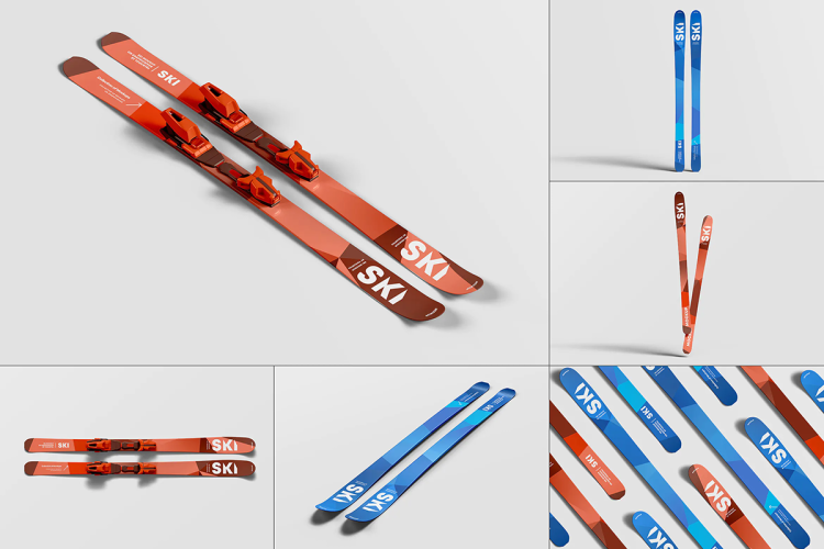 Skis Mockup  8款极限运动双板滑雪板印花图案设计贴图ps样机素材展示效果图