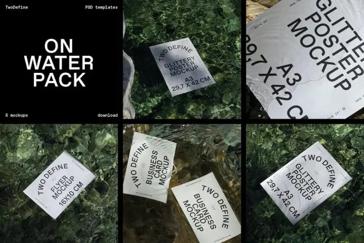 On Water Mockup Pack  5款单页名片海报设计作品贴图ps样机素材水面光影场景展示效果图
