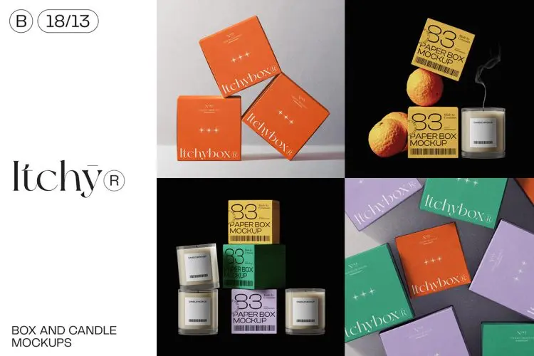 Itchy – Box & Candle mockups  18款正方形蜡烛香薰盲盒产品包装设计贴图ps样机素材场景展示效果